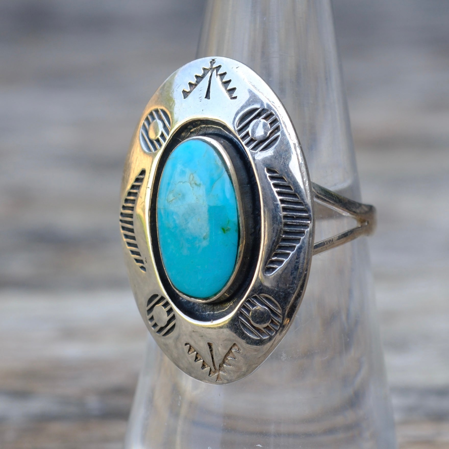 Vintage Sterling Turquoise Shadowbox Ring 6.5