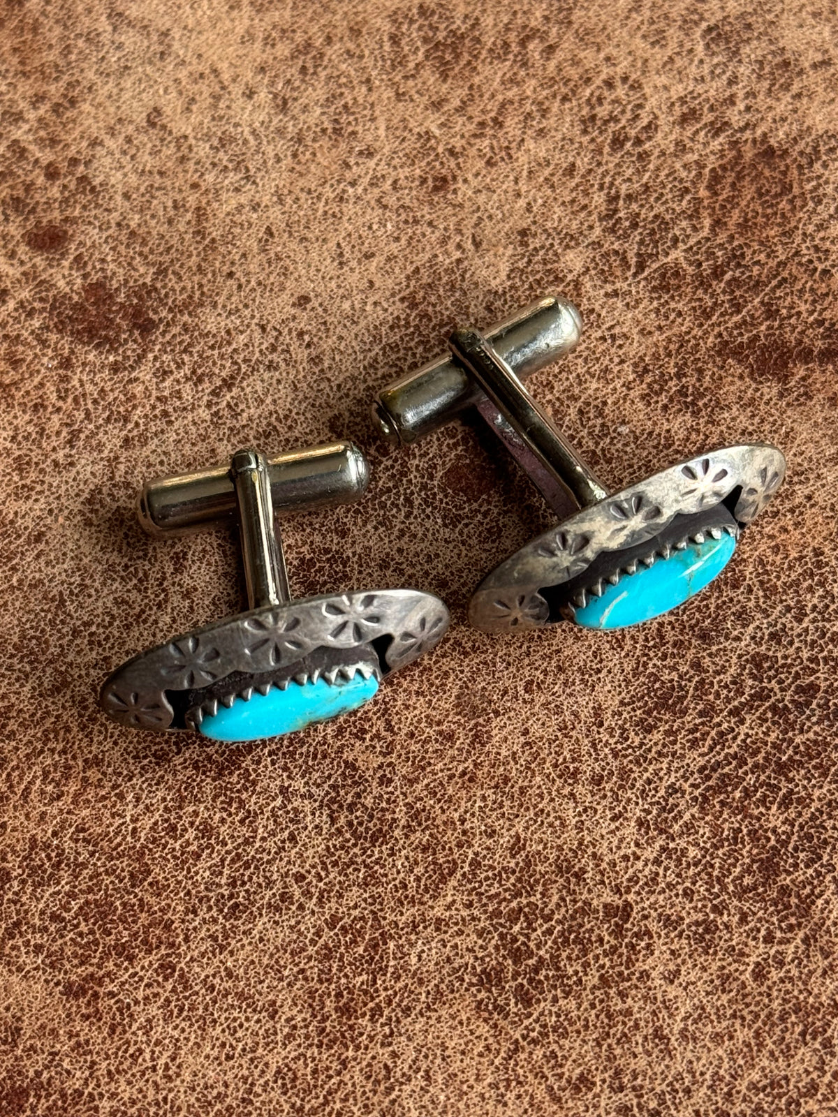 Vintage Sterling Silver Stamped Turquoise Shadowbox Cufflinks