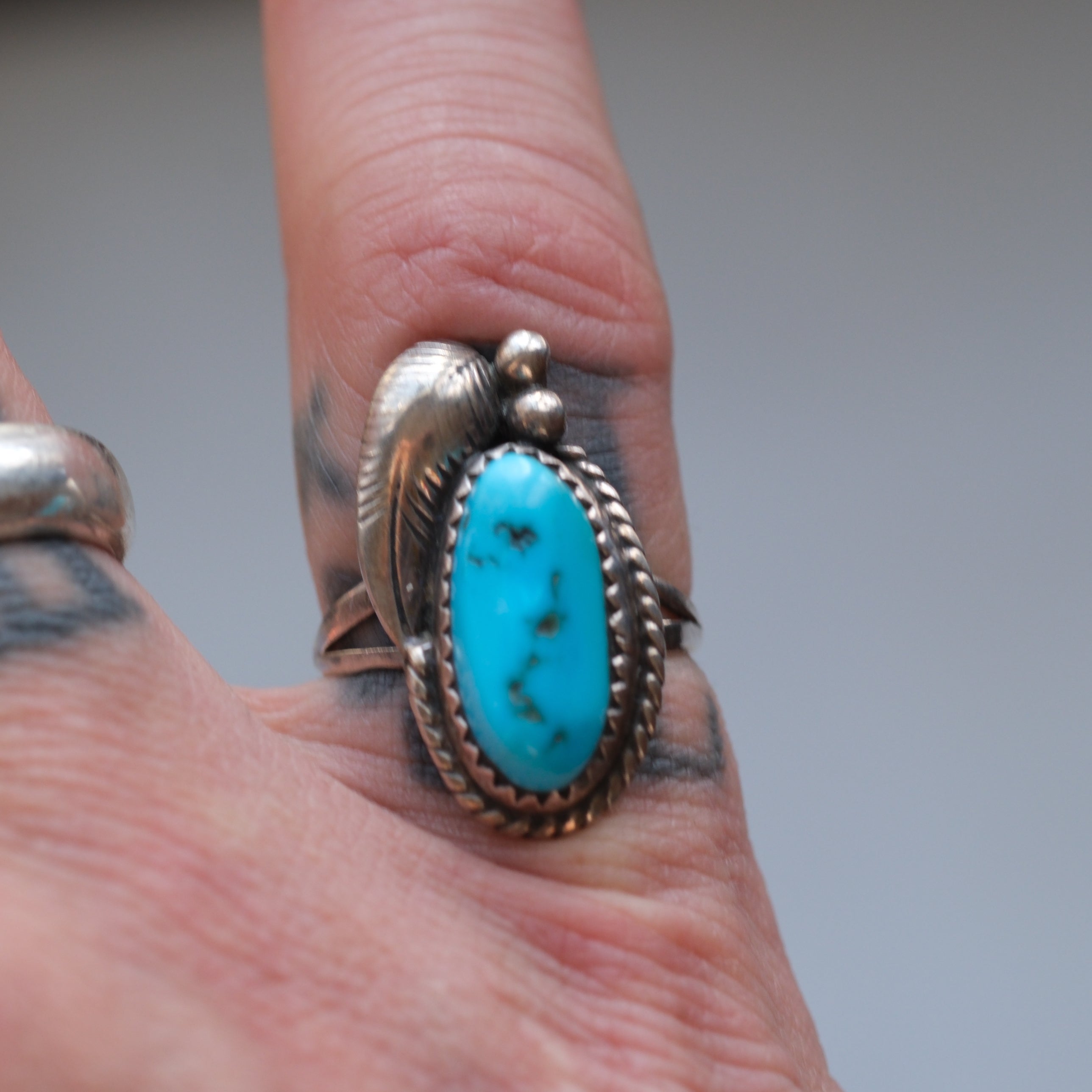 Vintage Sterling Turquoise Feather Ring 5.75