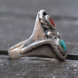 Vintage Sterling Turquoise and Coral Snake Ring 7.25