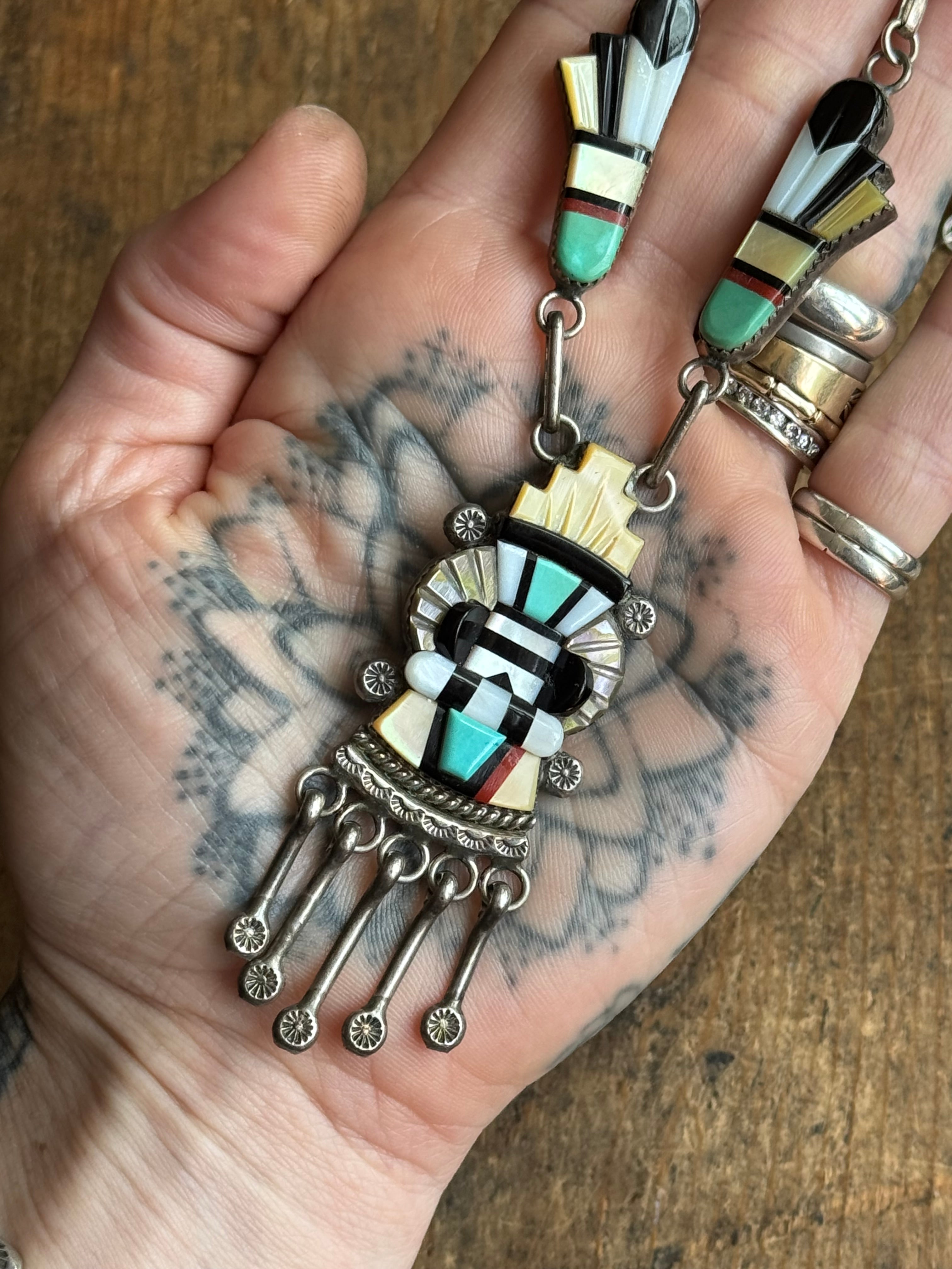 Vintage Sterling Silver Multistone Inlay DEWA Zuni Necklace