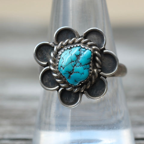 Vintage Sterling Turquoise Floral Ring 9.25