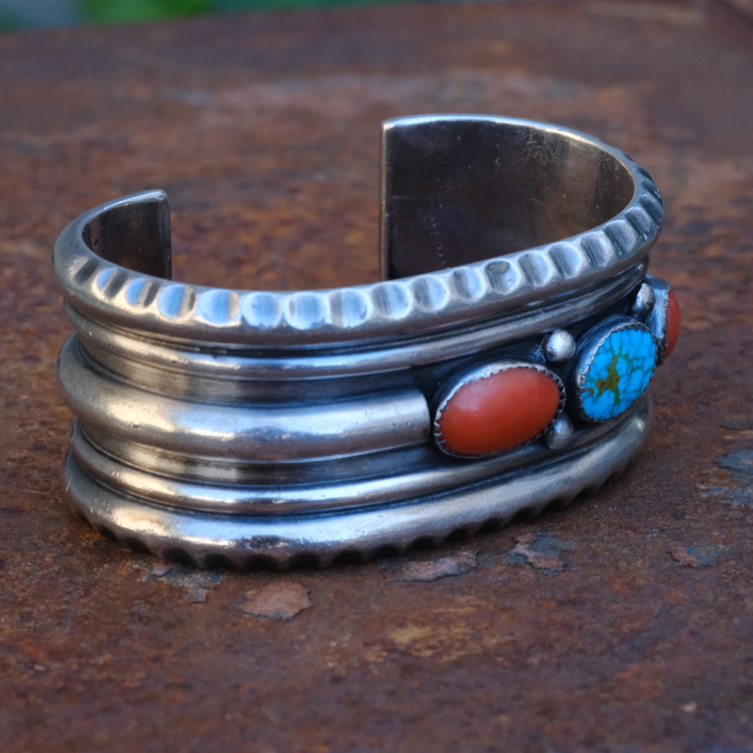 Vintage Sterling Turquoise and Coral Cuff Bracelet