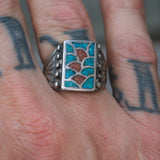 Vintage Sterling Turquoise and Coral Inlay Ring 9.25