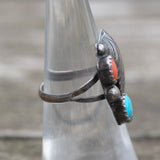 Vintage Sterling Turquoise and Coral Feather Ring 5.75