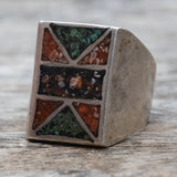 Vintage Sterling Crushed Turquoise and Coral Inlay Ring 9.5