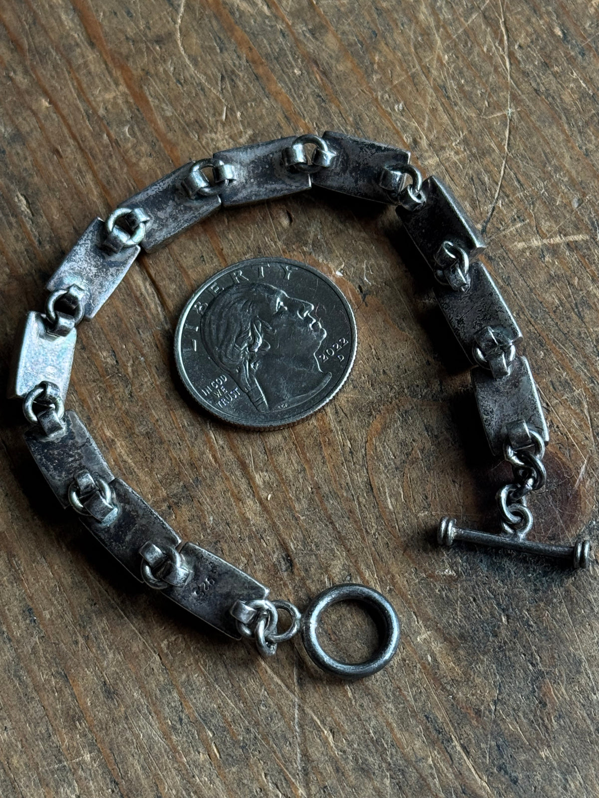 Vintage Sterling Silver Multistone Inlay Square Toggle Bracelet