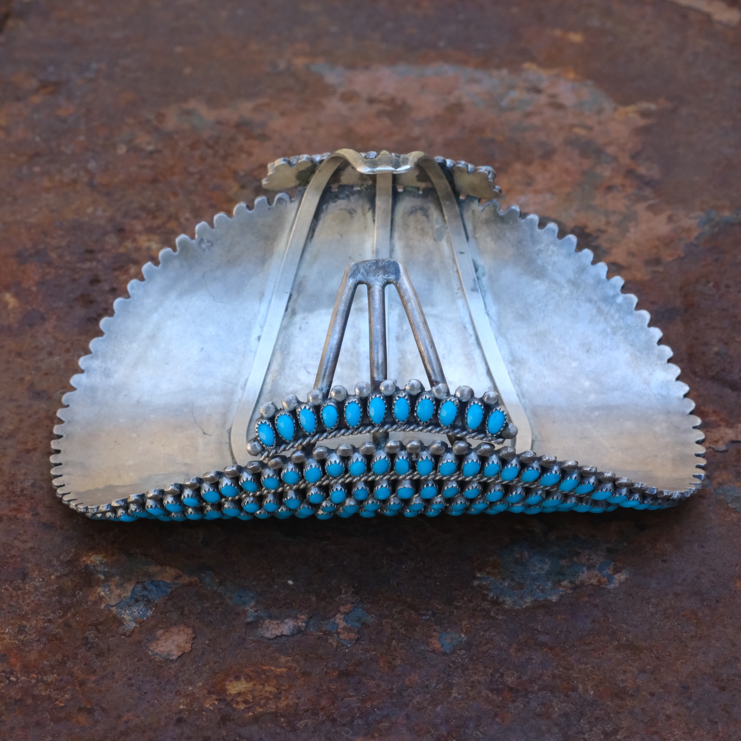 MASSIVE Vintage Sterling Turquoise Inlay Cluster Cuff Bracelet