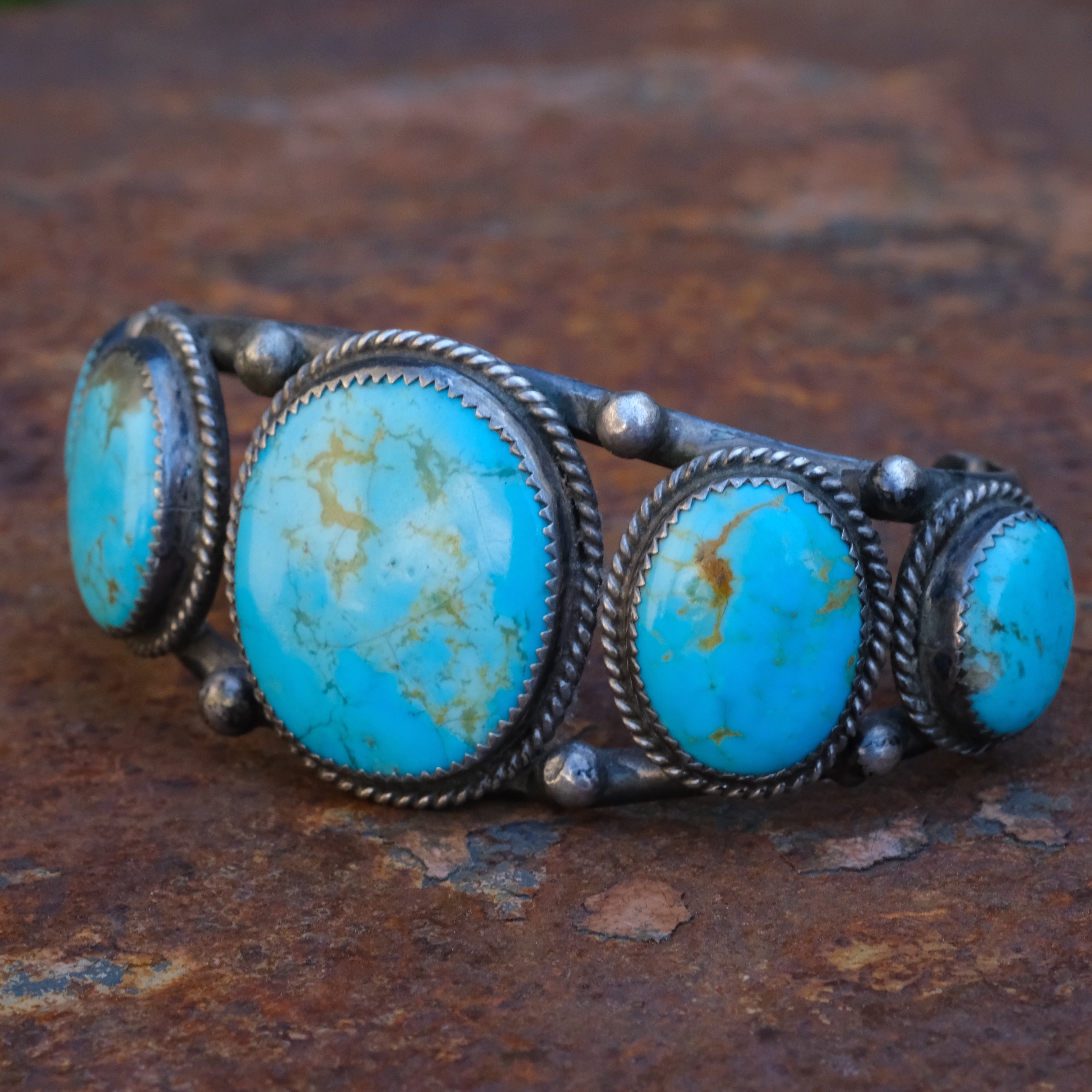 Heavy Vintage Sterling 5-Stone Turquoise Roper Cuff Bracelet