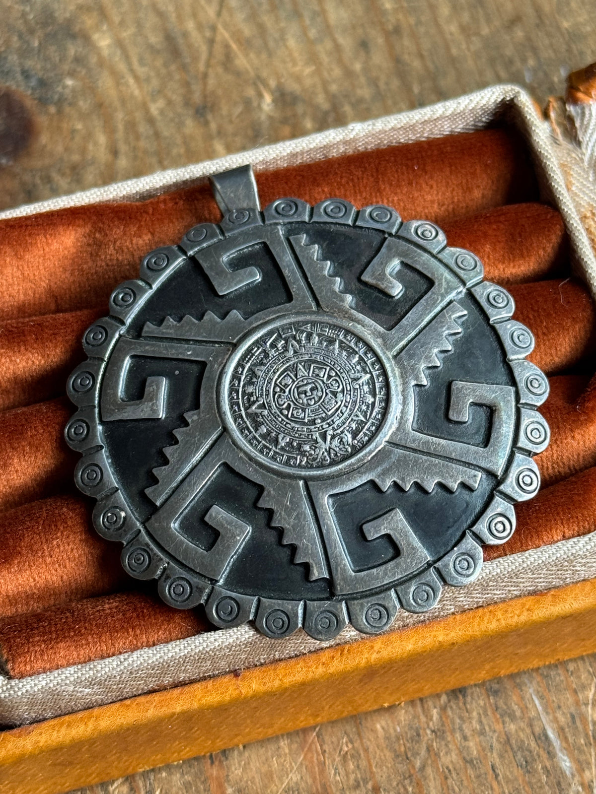 Vintage Sterling Silver Aztec Calendar Pendant Pin