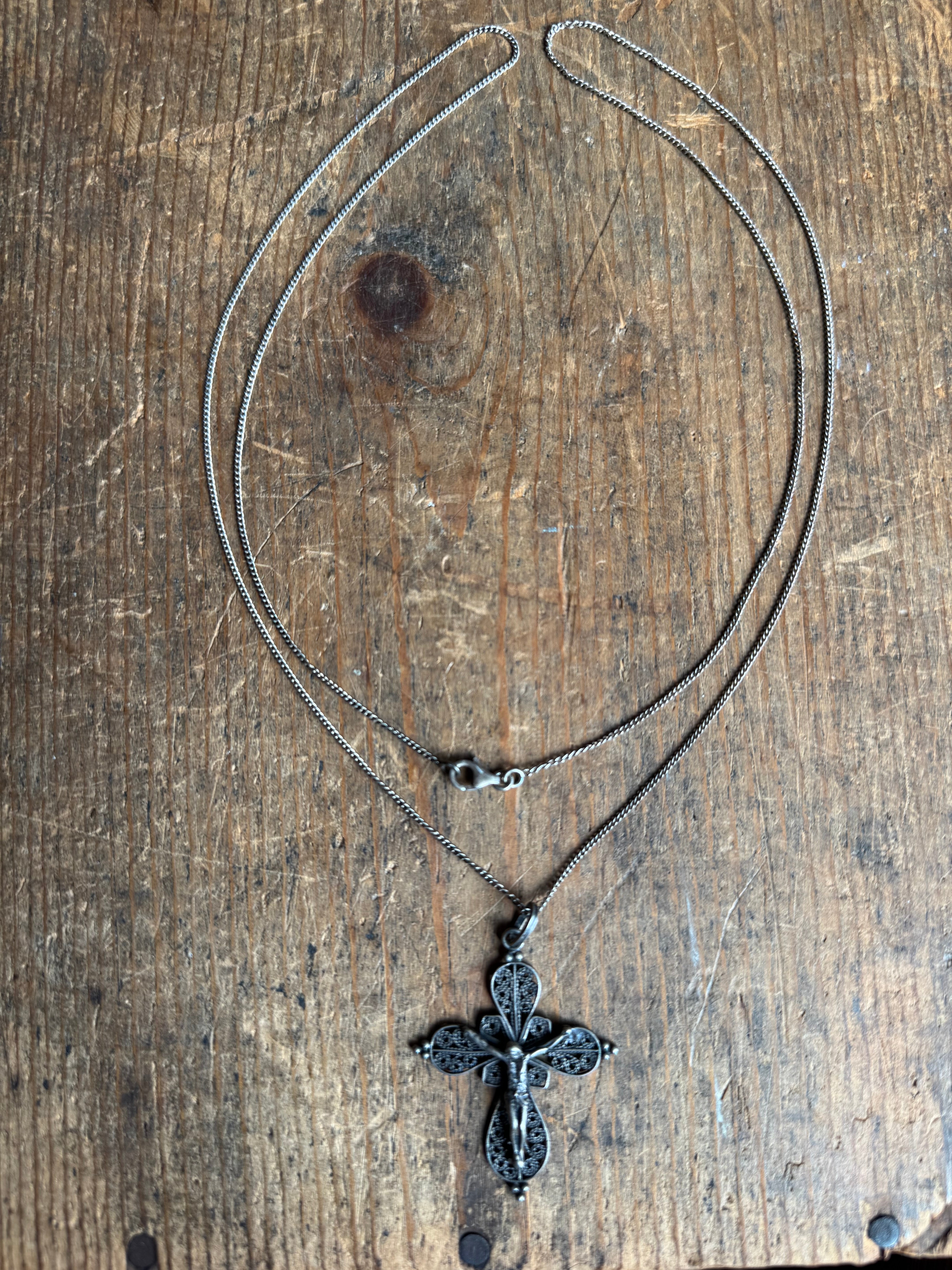 Vintage Sterling Silver Filigree Cross 30" Necklace