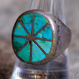 OLDER Vintage Sterling Turquoise Inlay Pinwheel Ring 9.75