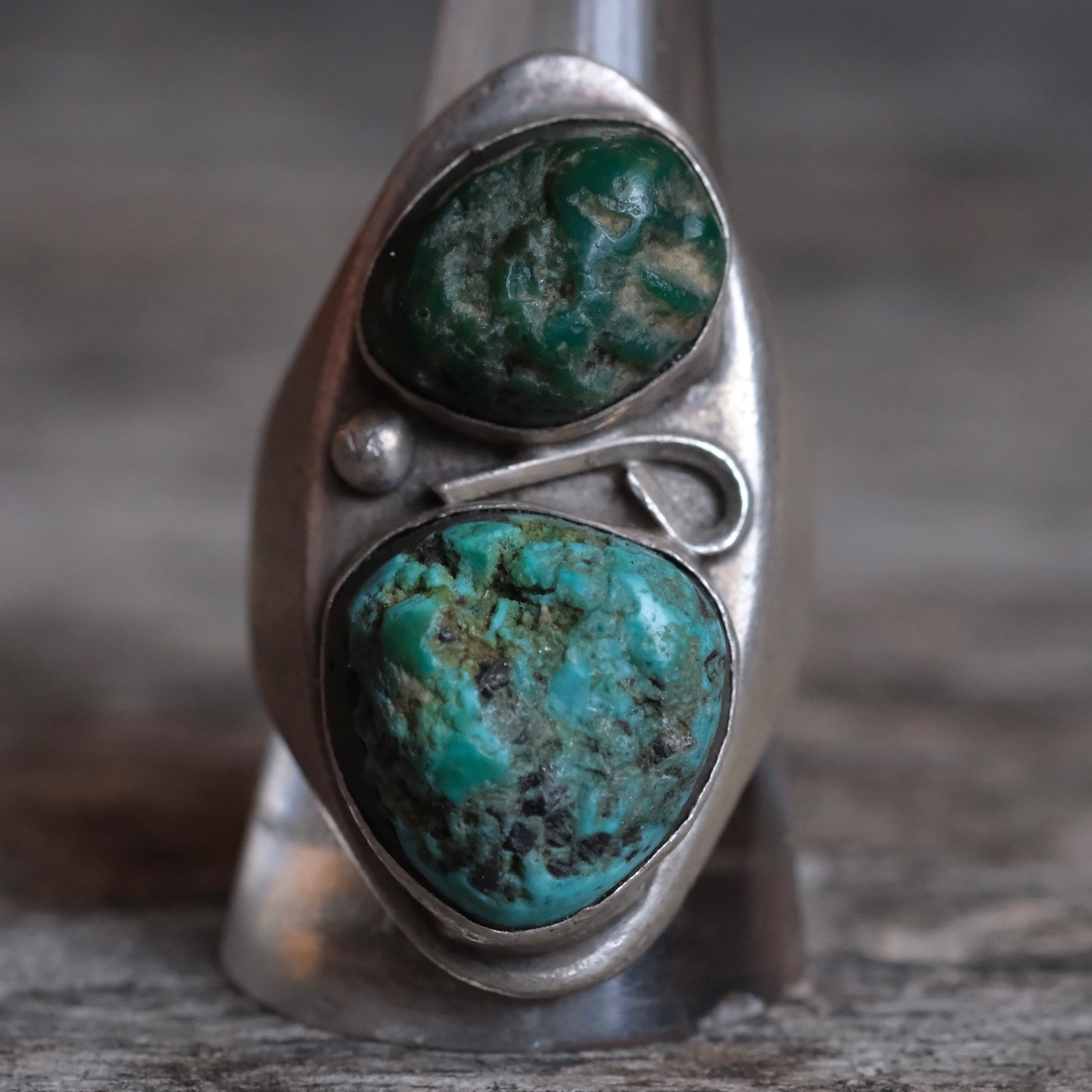 Older Vintage Sterling 2-Stone Turquoise Ring 10.75