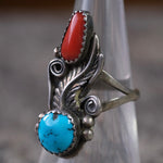 Vintage Sterling Turquoise and Coral Feather Ring 6.75