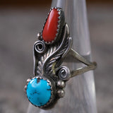 Vintage Sterling Turquoise and Coral Feather Ring 6.75