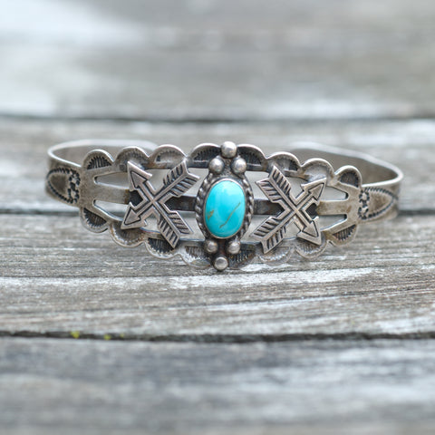 Vintage Sterling Turquoise Stamped Arrows Cuff