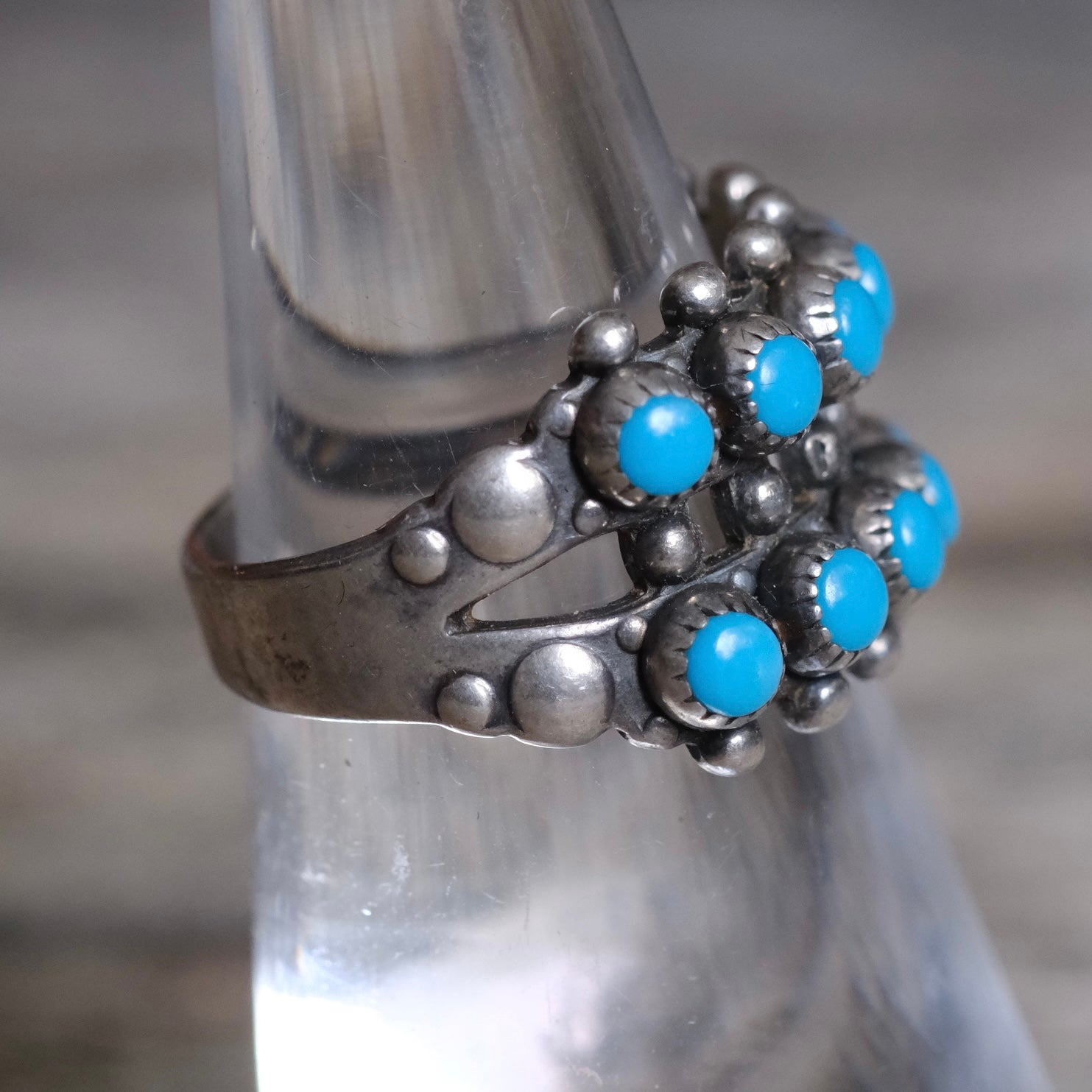 Vintage Sterling Snake Eye Turquoise Double Row Ring 5.5