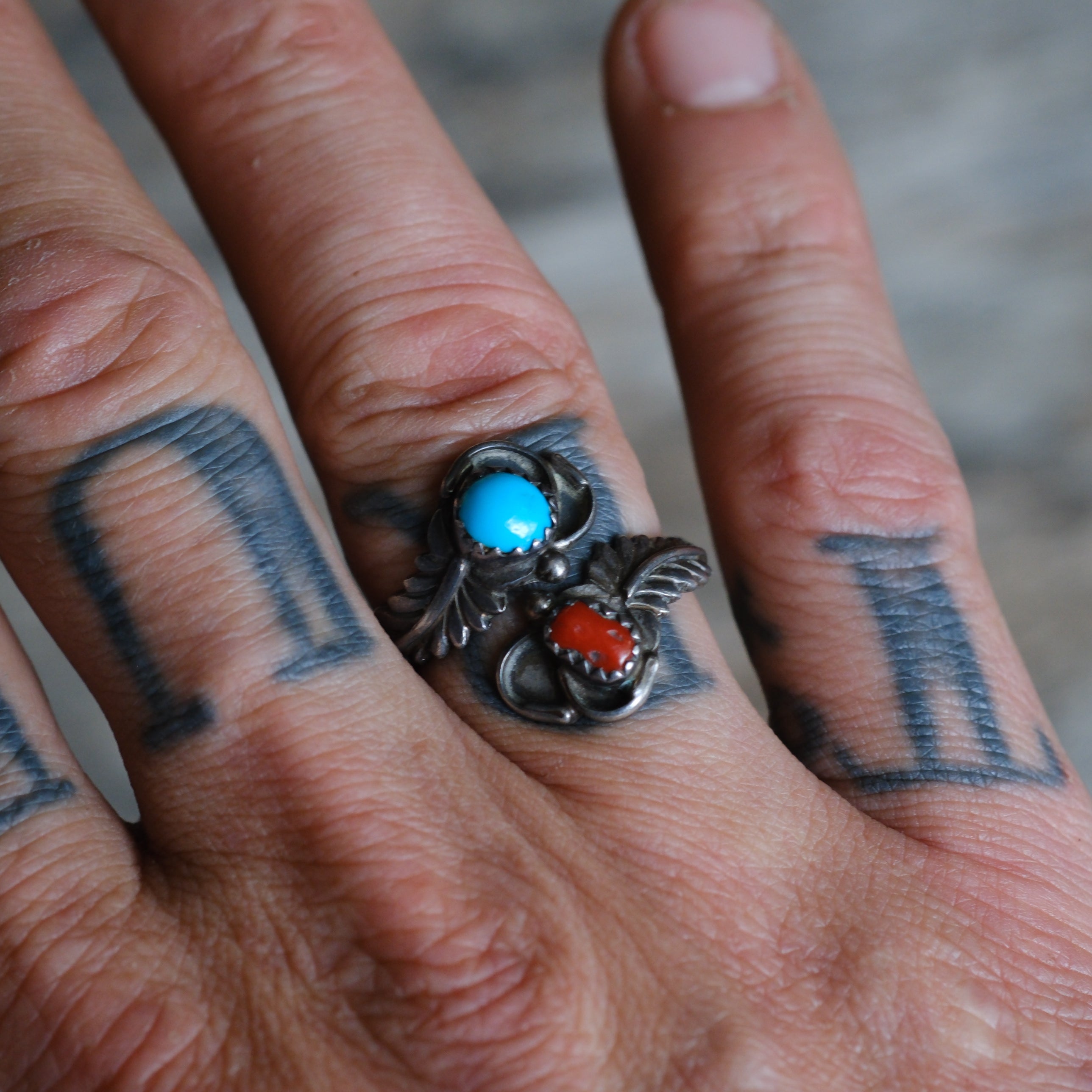 Vintage Sterling Turquoise and Coral Feather Overpass Ring 8.5