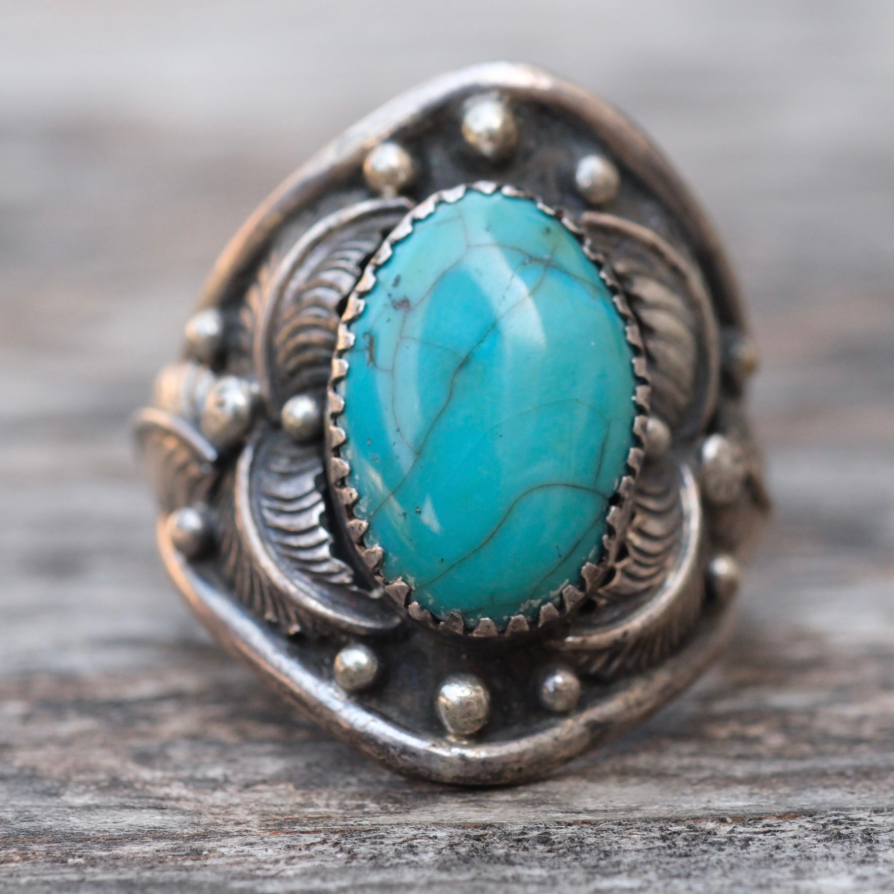 Vintage Sterling Turquoise Feather Ring 11.25