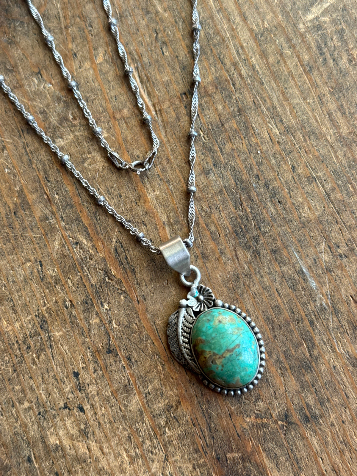 Vintage Sterling Silver Turquoise Flower & Leaf Necklace