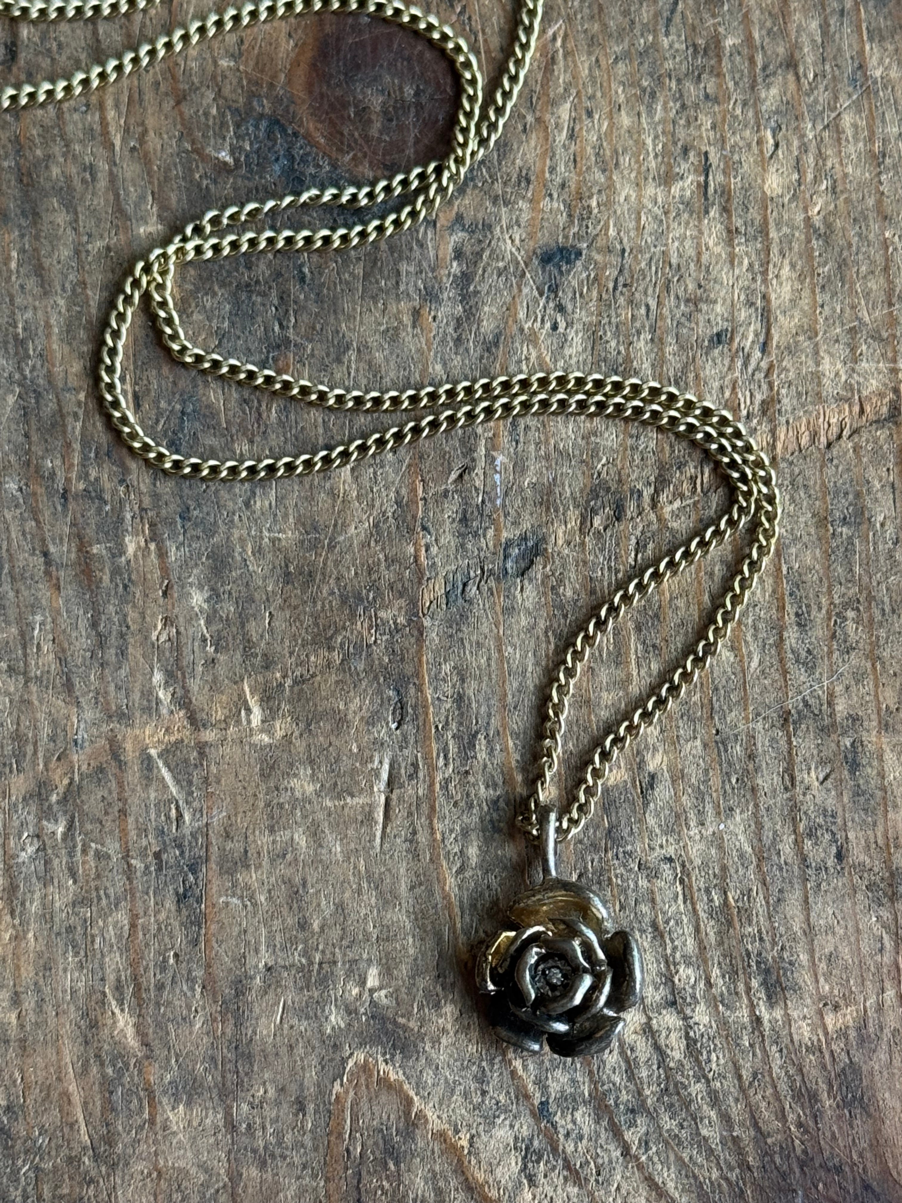 Vintage Sterling Silver Gold Tone Rose & CZ Necklace