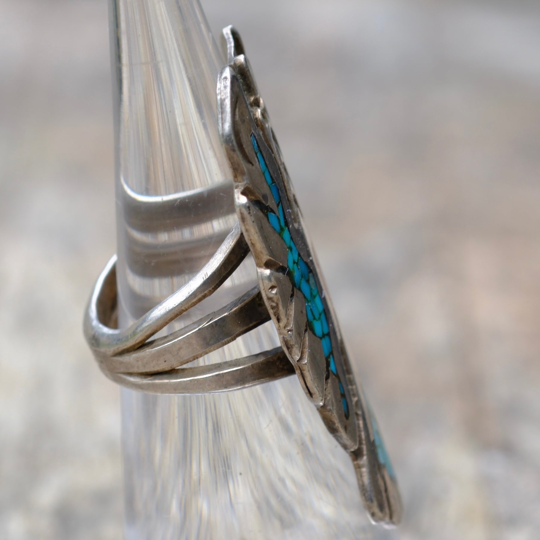 Vintage Sterling Turquoise and Coral Peyote Bird Ring 4.75