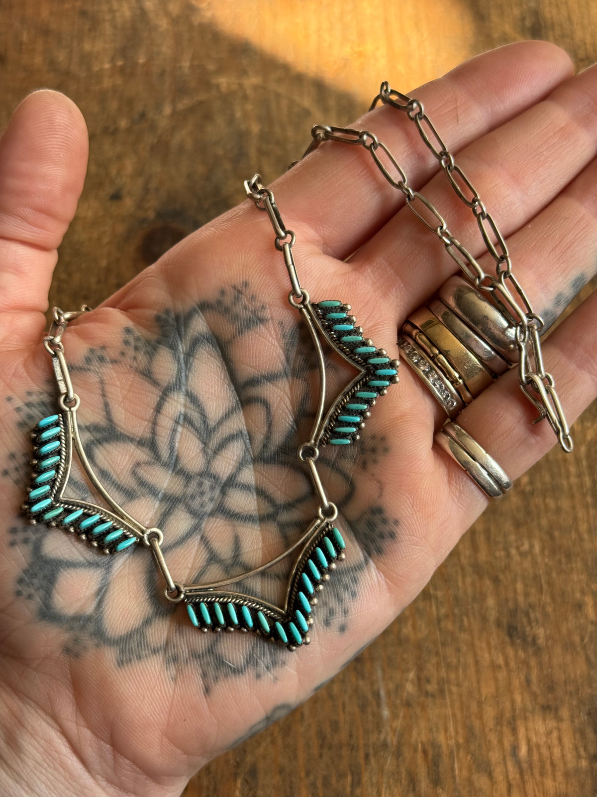 Vintage Sterling Silver Petit Point Turquoise Shield Necklace