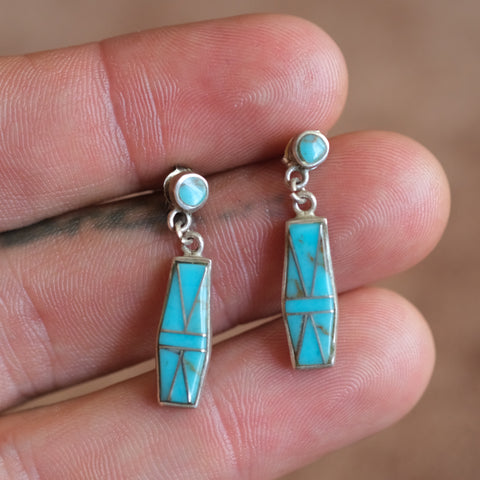 Vintage Sterling Turquoise Inlay Drop Earrings