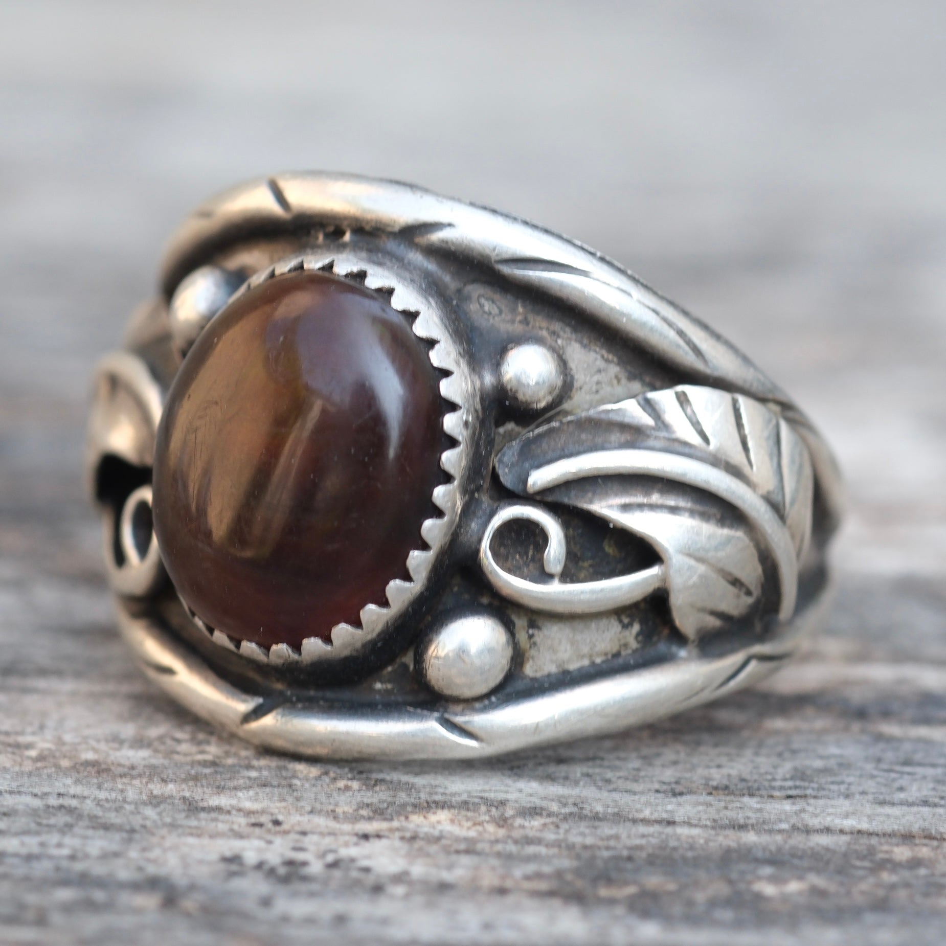 Vintage Sterling Fire Agate Feather Ring 13.5