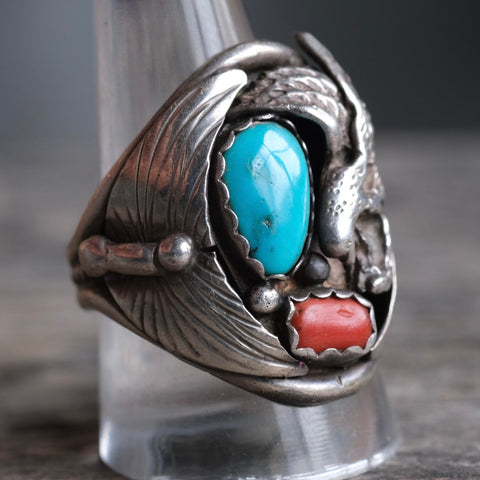 Vintage Sterling Turquoise and Coral Eagle Ring 11