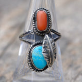Vintage Sterling Turquoise and Coral Feather Ring 6.5