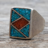 Vintage Sterling Crushed Turquoise and Coral Inlay Ring 9.5