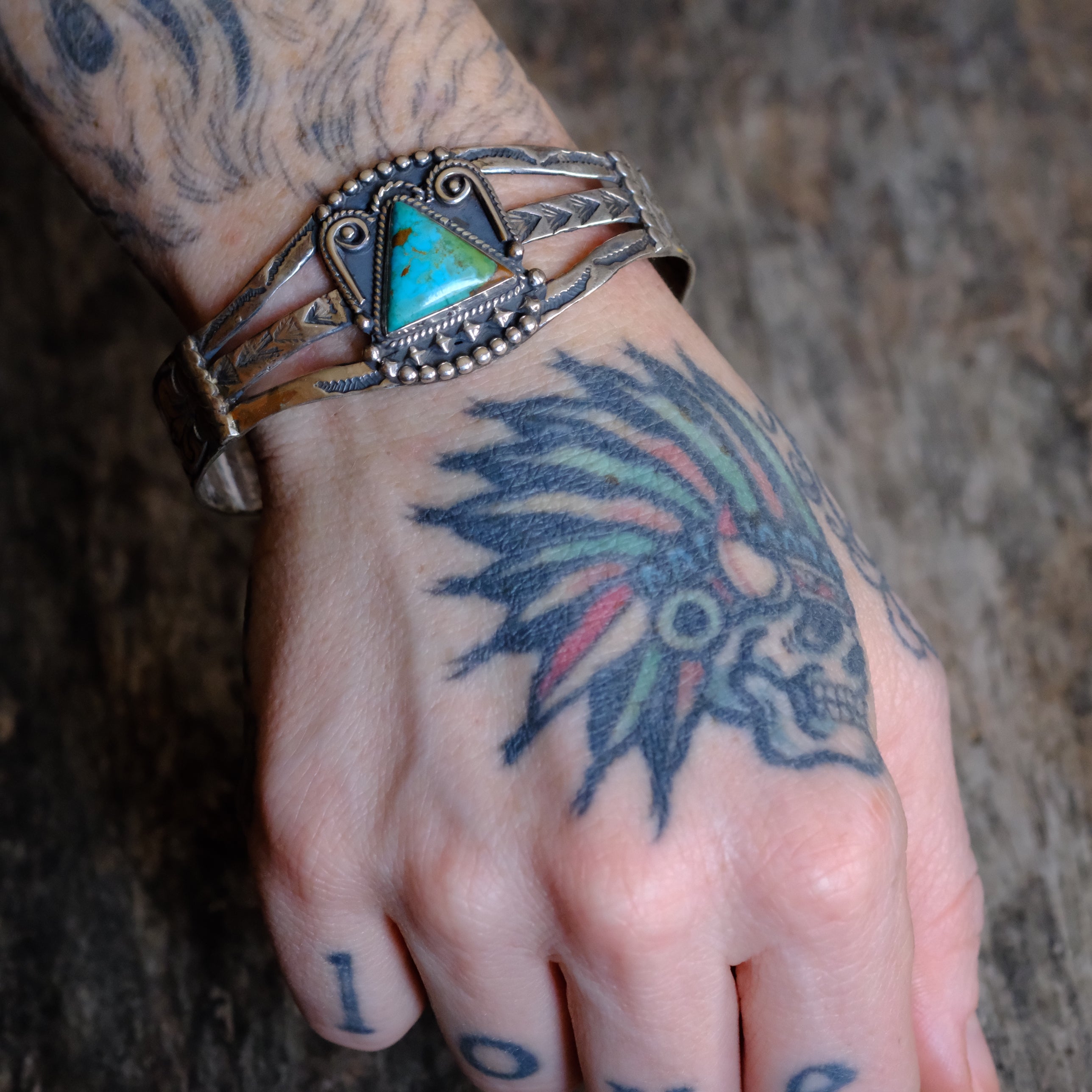 Vintage Fred Harvey Era Sterling Turquoise Stamped Cuff Bracelet