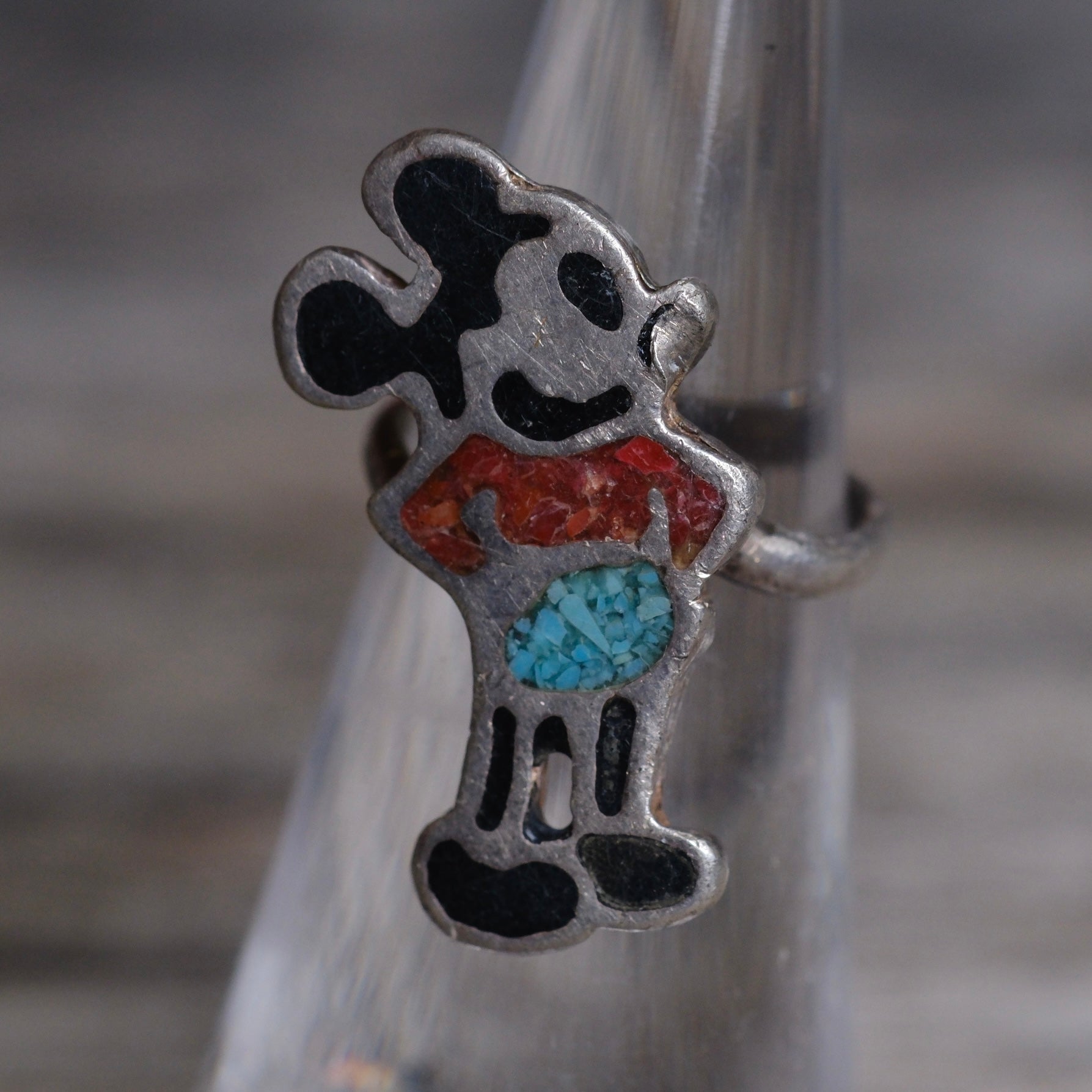 Vintage Sterling Multistone Inlay Mickey Ring 3.75