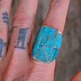 RARE Vintage Sterling Turquoise Inlay Ring 10.25