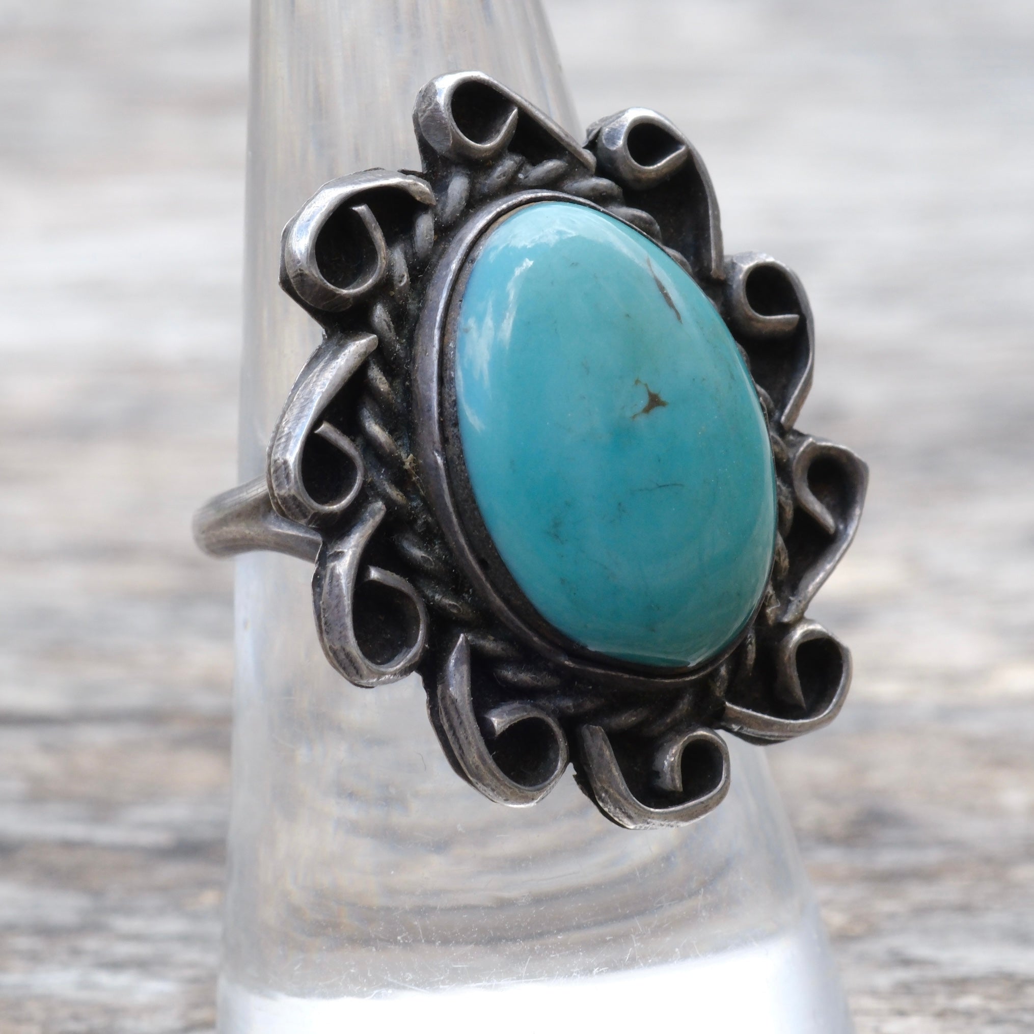 Vintage Sterling Turquoise Florette Ring 7.5