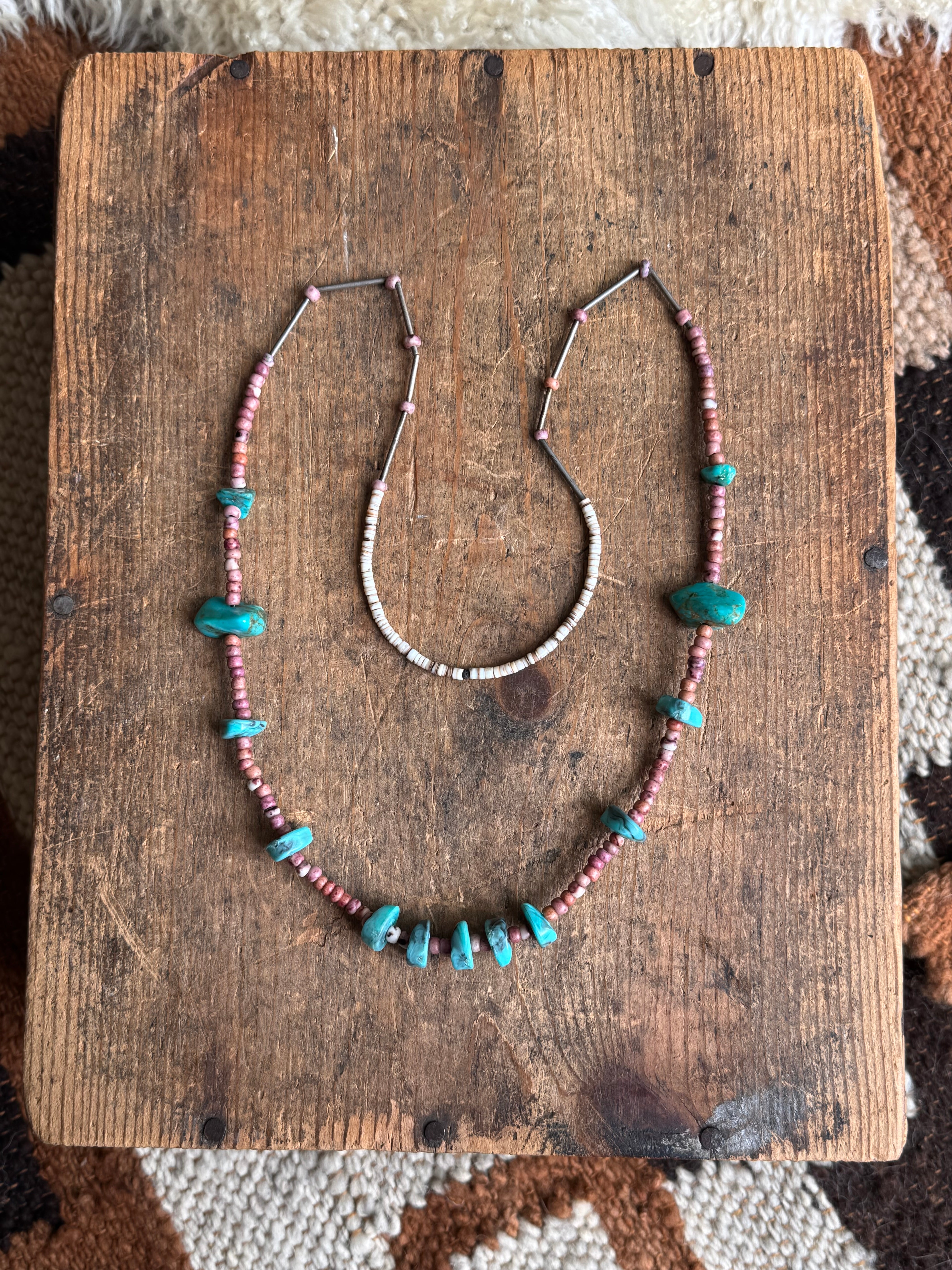 Vintage Sterlings Silver Bead Raw Turquoise Coral & Shell Necklace
