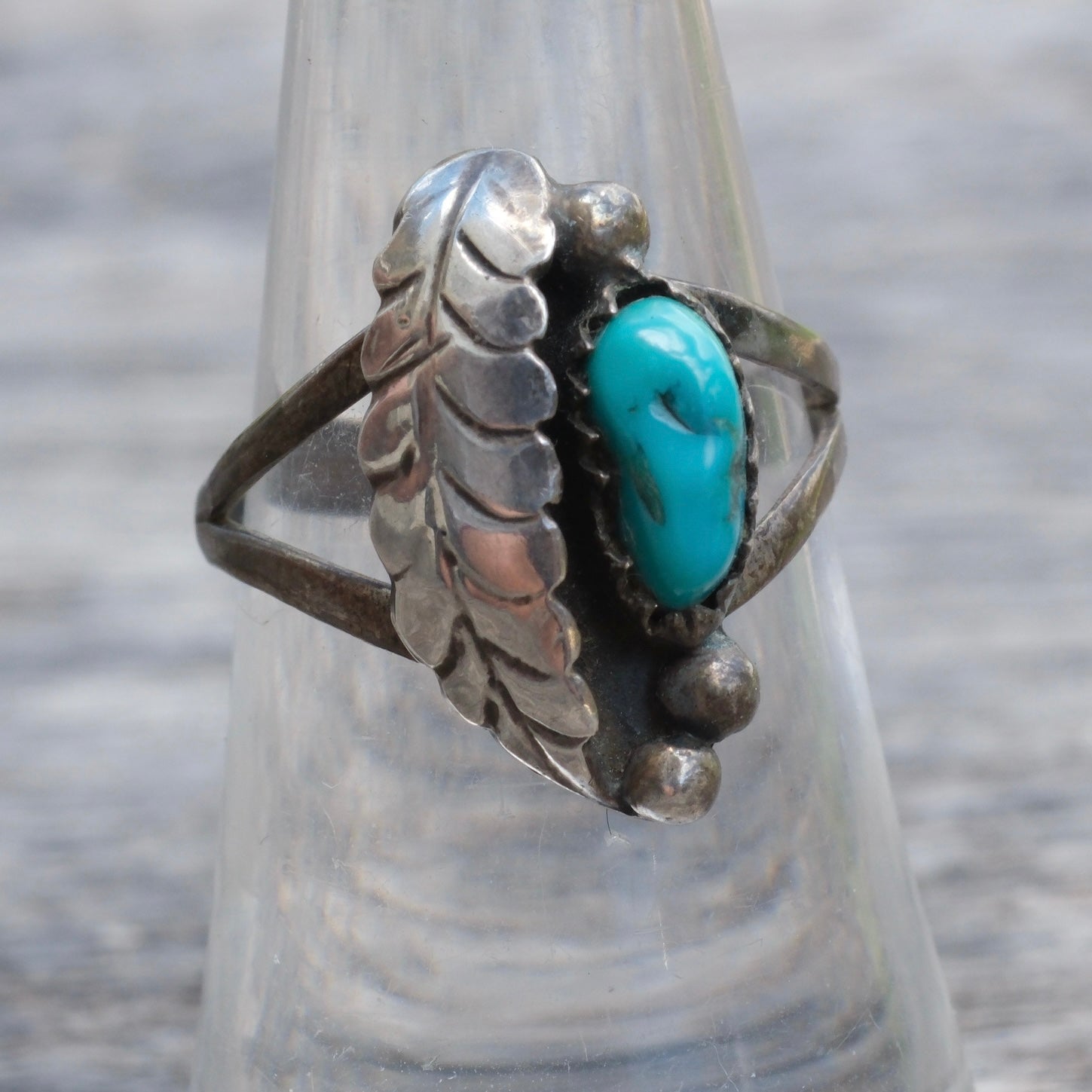 Vintage Sterling Turquoise Feather Ring 6.75