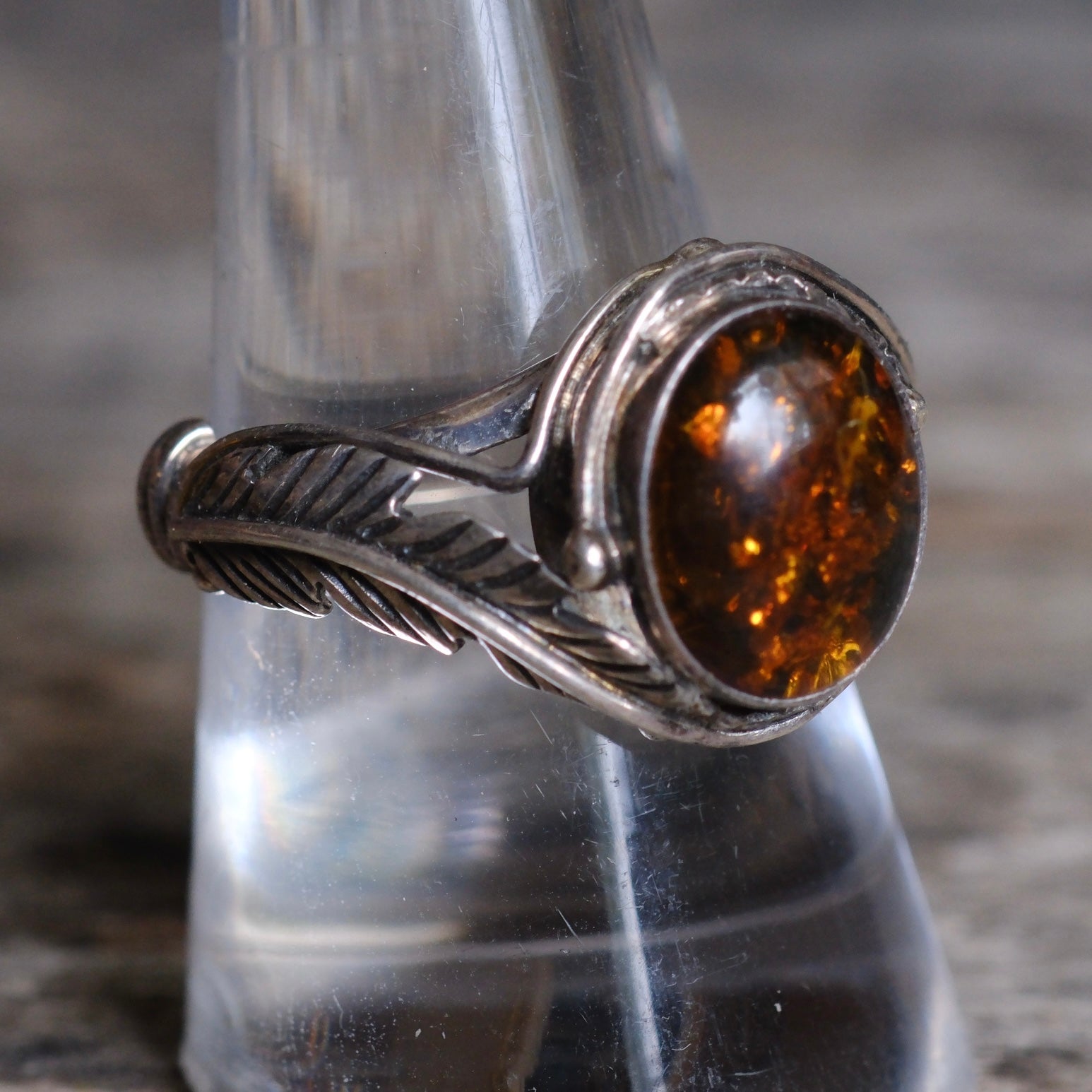 Vintage Sterling Amber Feather Ring 8.75