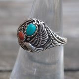 Vintage Sterling Turquoise and Coral Eagle Ring 6.75