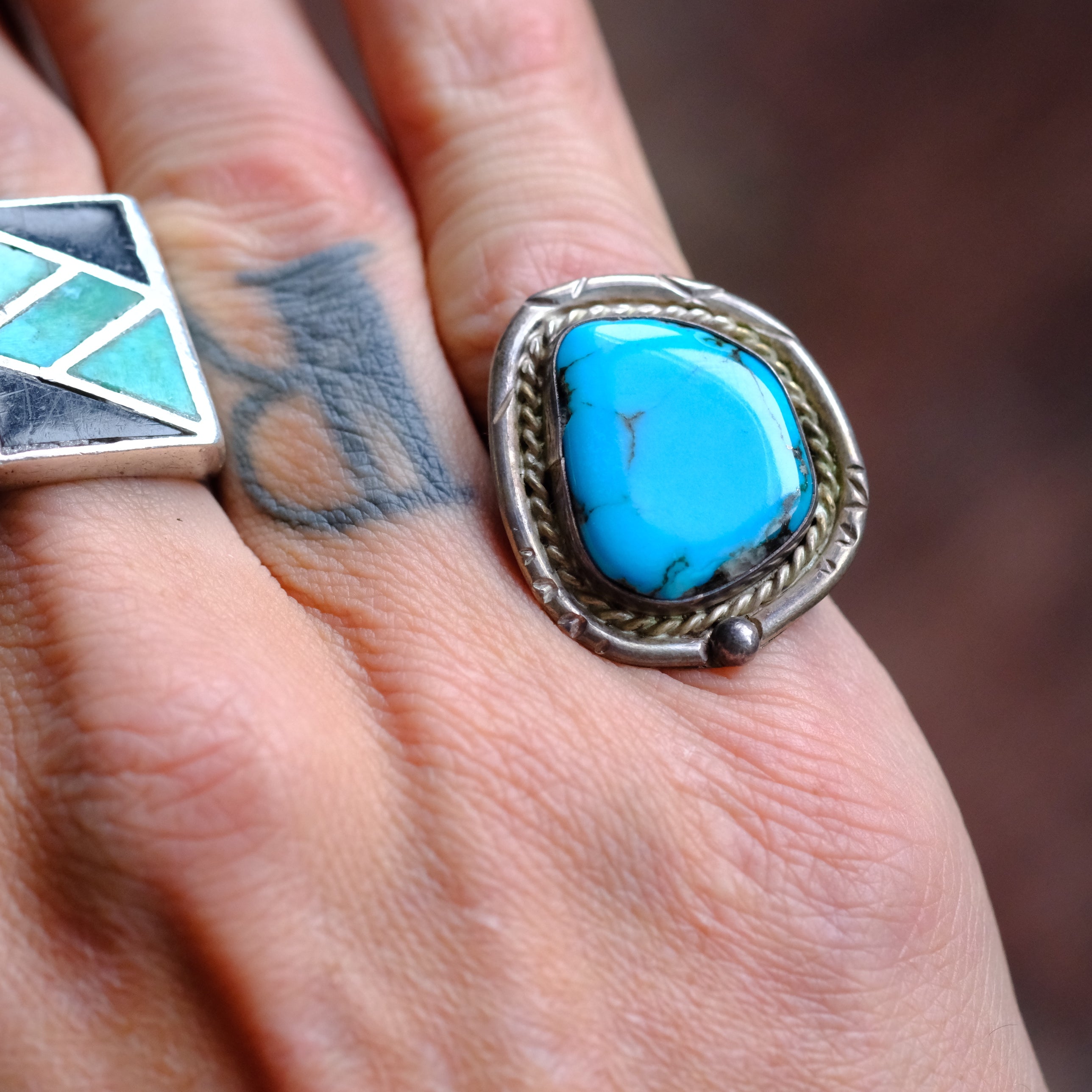 Vintage Sterling Turquoise Roper Ring 6.75