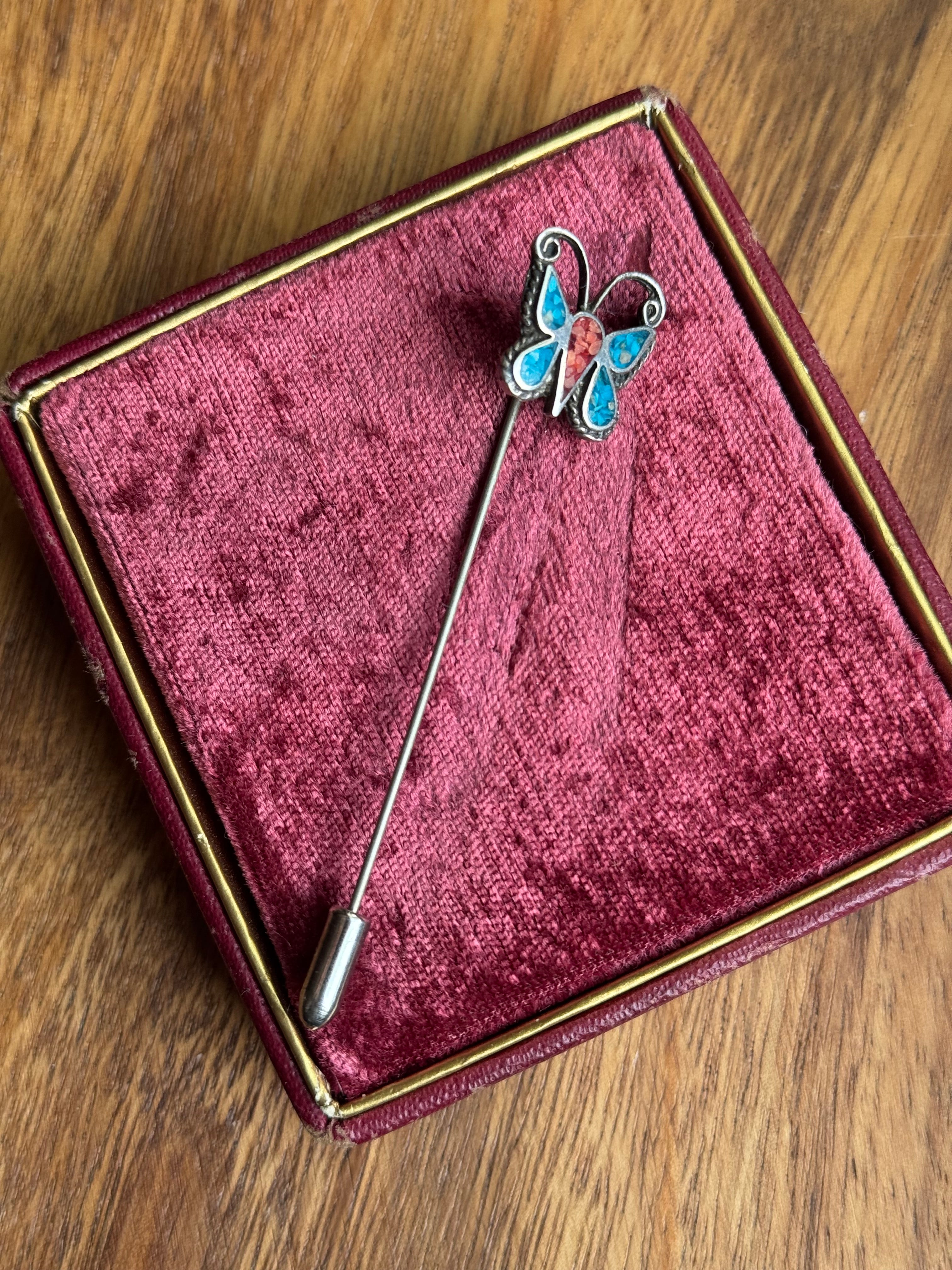 Vintage Sterling Silver Crushed Coral & Turquoise Butterfly Hat Pin