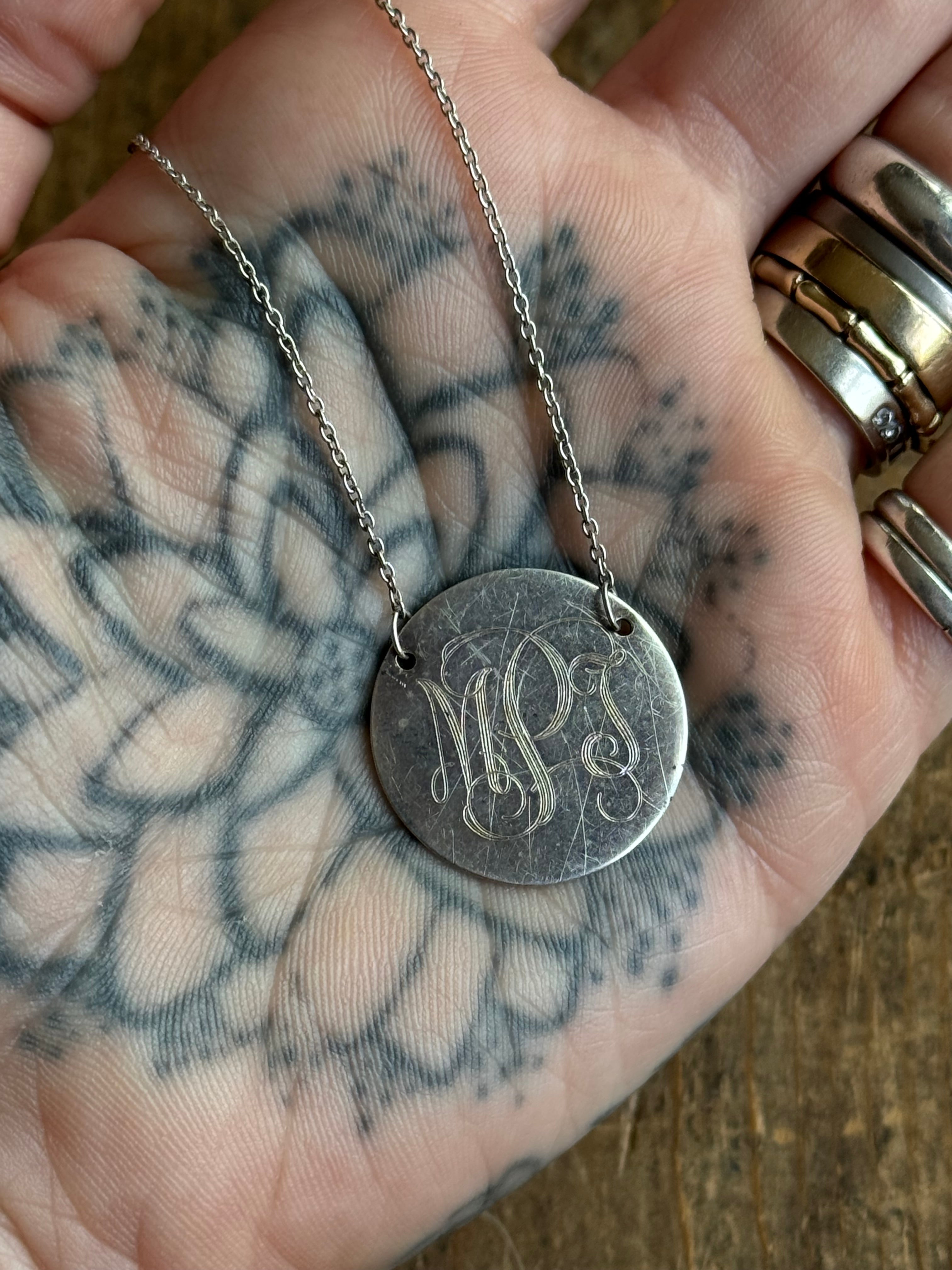 Vintage Sterling Silver ‘PMI’ Etched Medallion Necklace