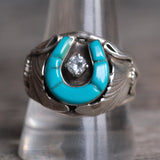 Vintage Sterling Turquoise and CZ Horseshoe Ring 11.25