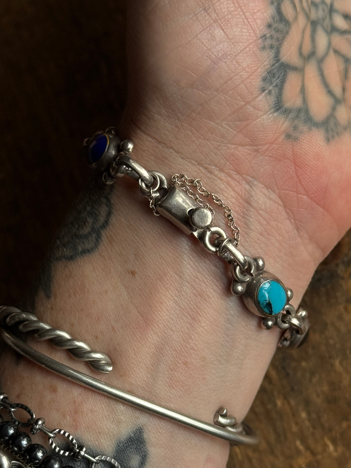 Vintage Sterling Silver Multistone Inlay Bracelet