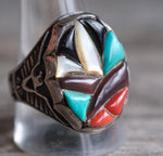 Vintage Sterling Multistone Inlay Thunderbird Ring 12.25