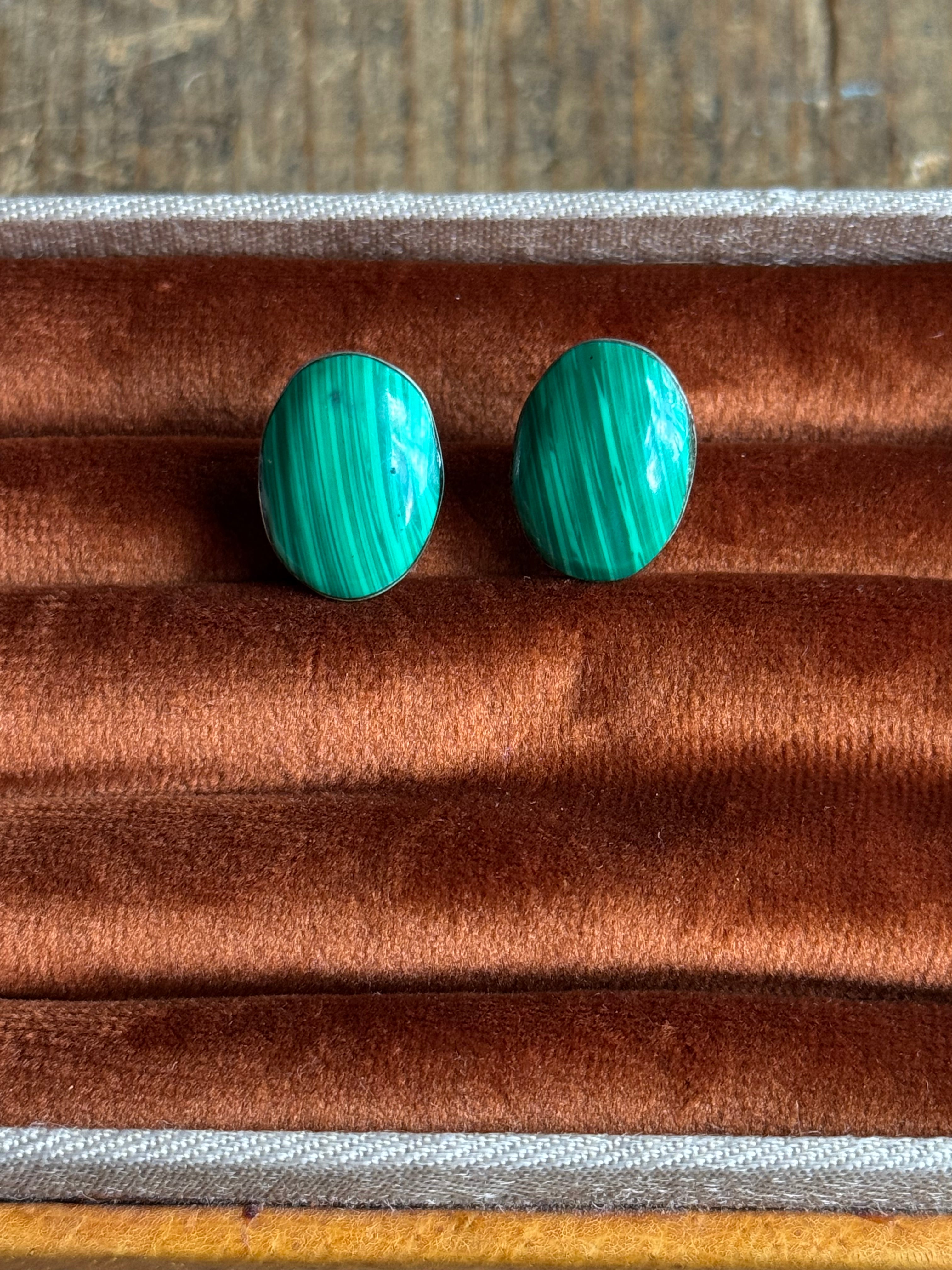Vintage Sterling Silver Malachite Stud Earrings