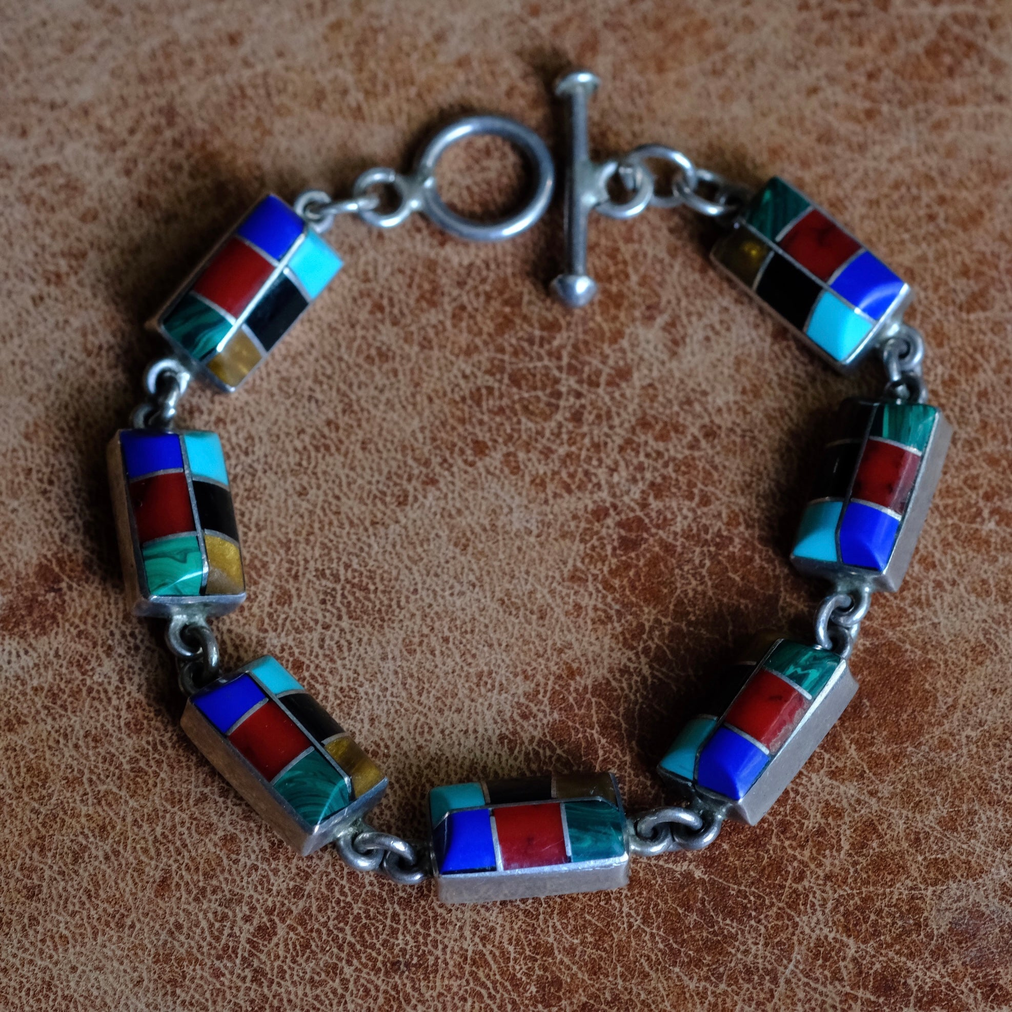 Vintage Sterling Multistone Inlay Link Bracelet