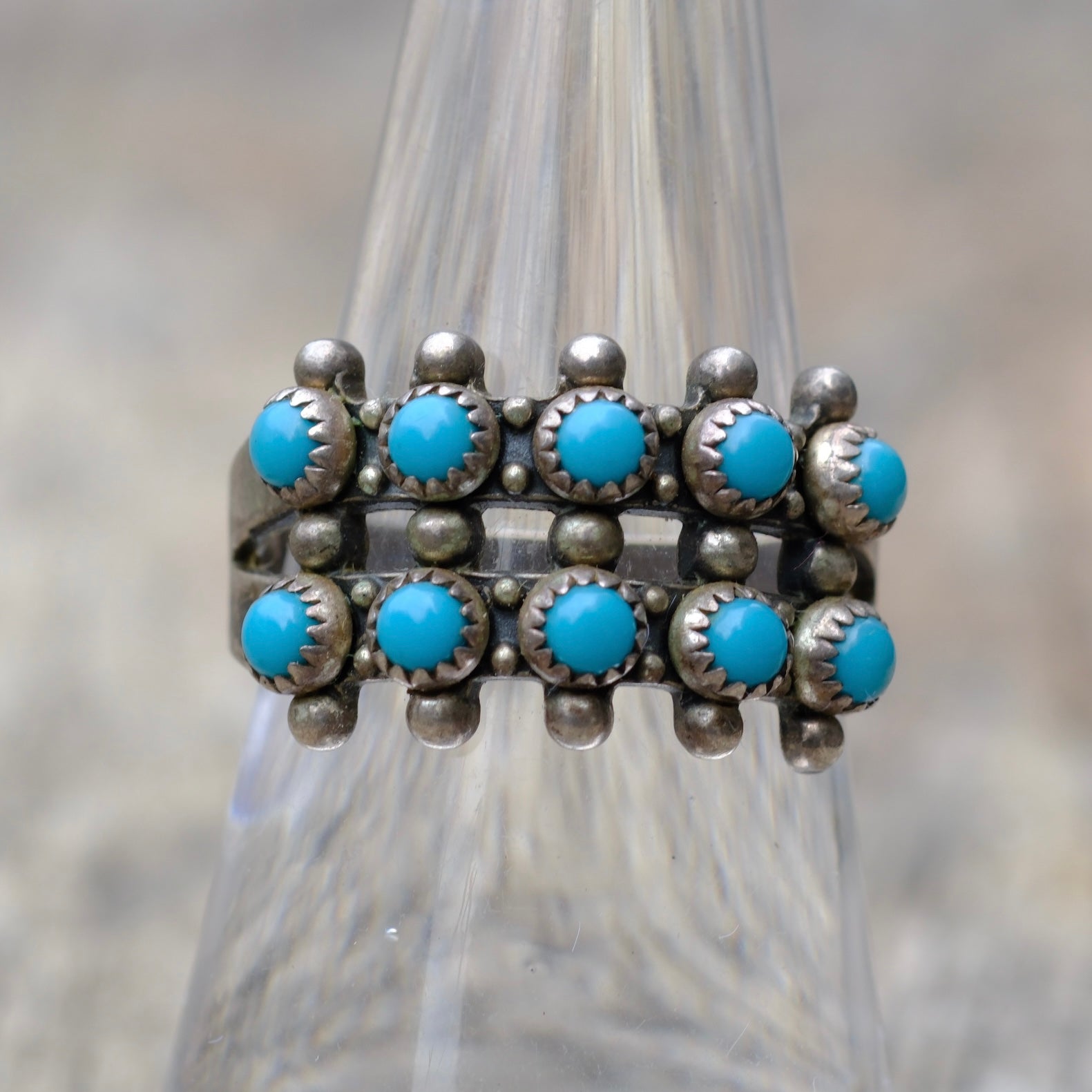 Vintage Sterling Snake Eye Turquoise Double Row Ring 7.75