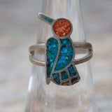 Vintage Sterling rushed Turquoise and Coral Inlay Bird Ring 6